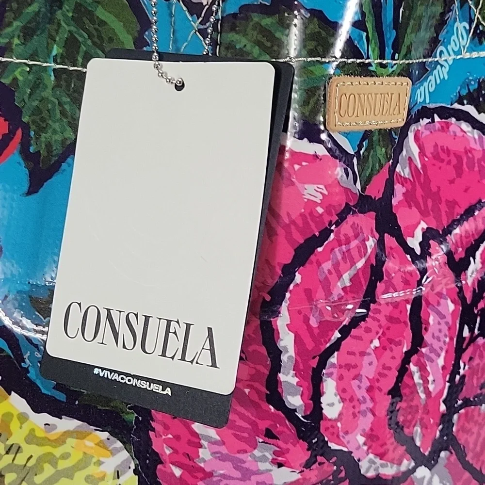 Large Consuela Blue Floral Glossy Tote with Pink and Yellow Blooms New